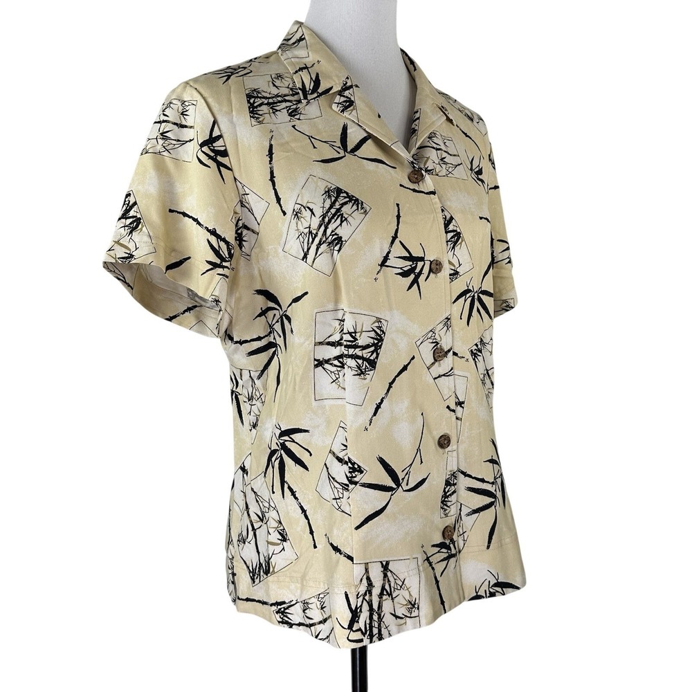 Kriss Kross 100% Silk Top Blouse Button Hawaiian Tropical Yellow Black Womens 14